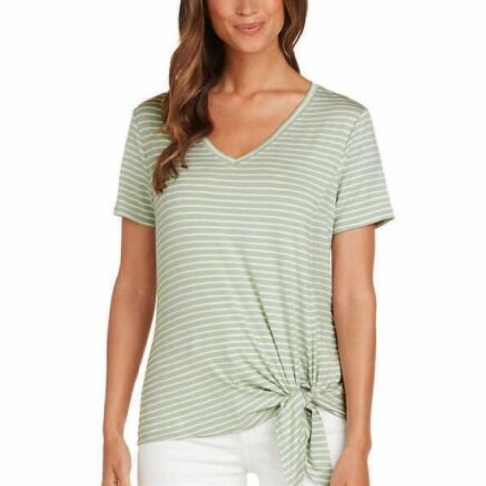 NWoT Matty M Ladies V-Neck Side Tie Tee Light Olive Fashion Tee Size L $45 1B047